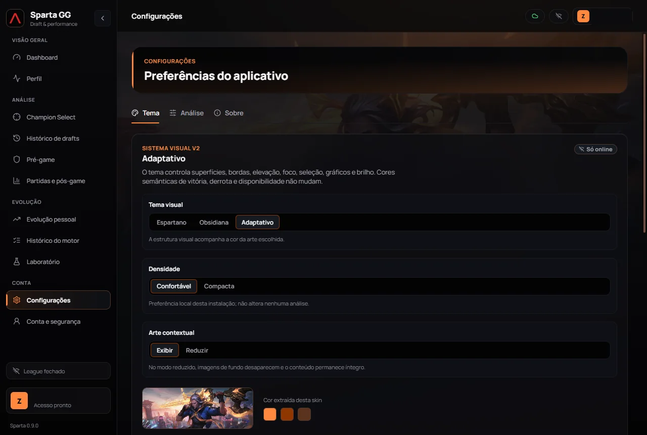 Configurações reais do Sparta GG mostrando o tema Adaptativo, densidade, intensidade visual e a skin Viego Fera Lunar