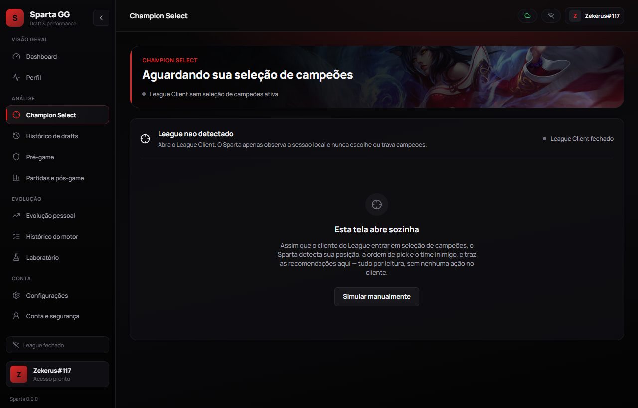 Tela de Champion Select do Sparta GG, aguardando sessão real do League Client